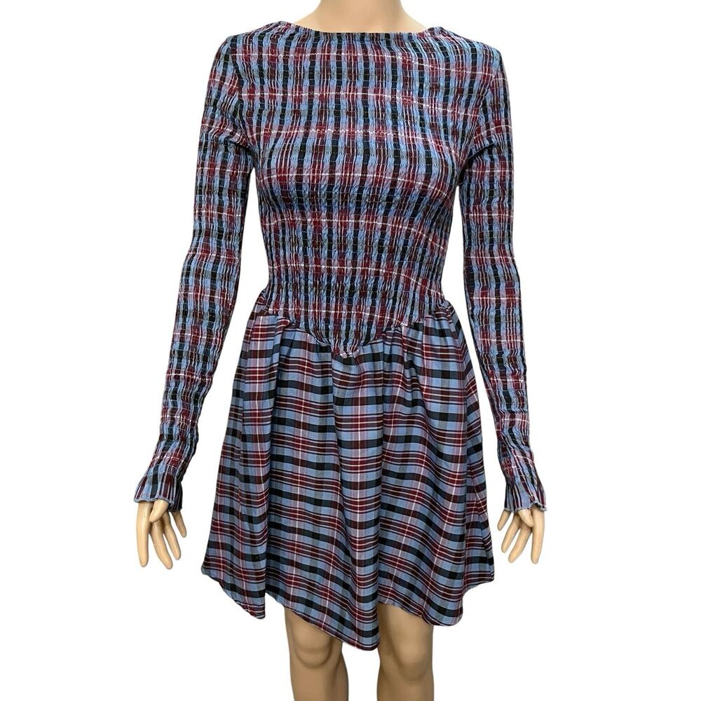ASOS Plaid Smocked Mini Dress Large Long Sleeve Cottagecore Prairie Fall Blue